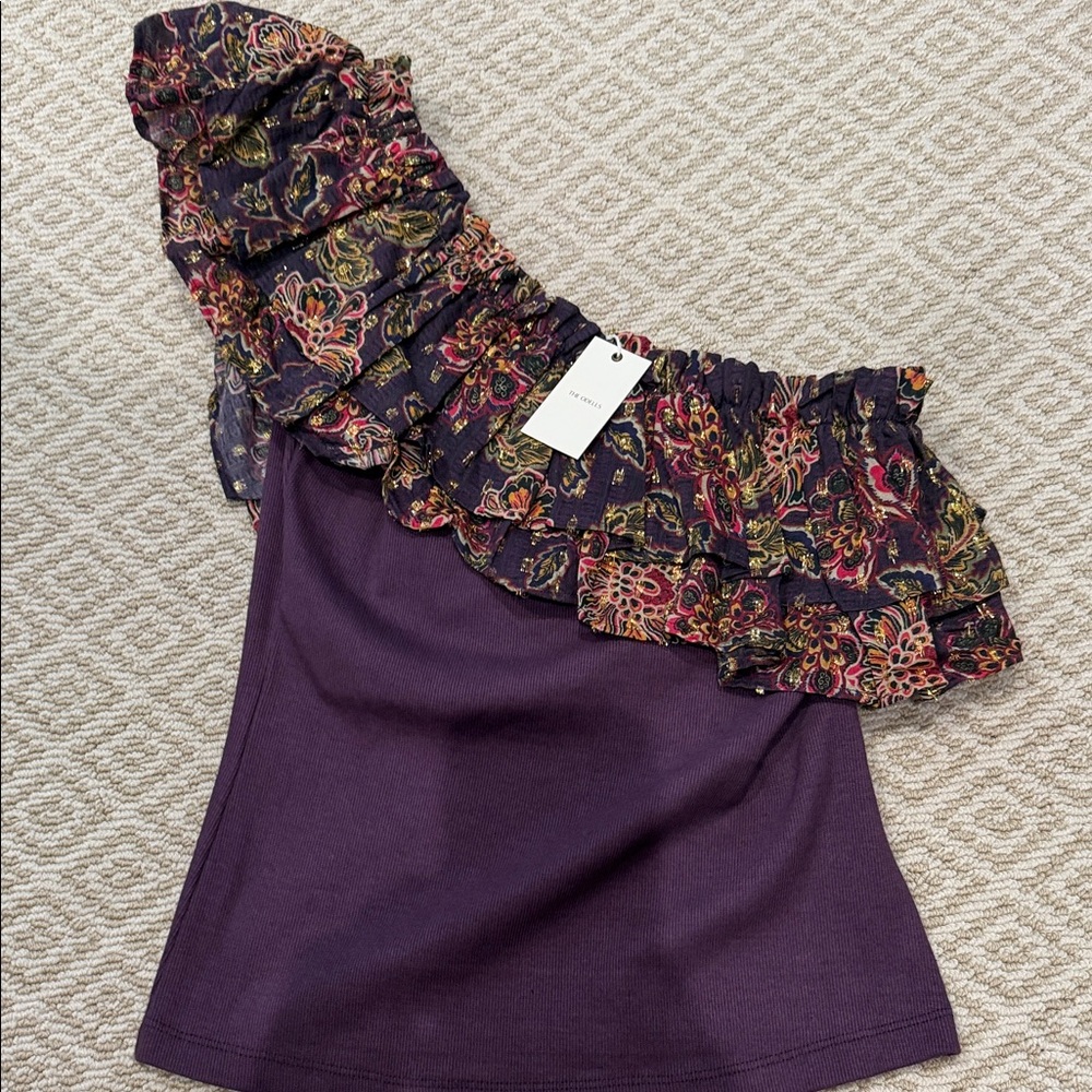 The Odell’s NWT Elegant Floral Ruffle One-Shoulder Blouse - Purple